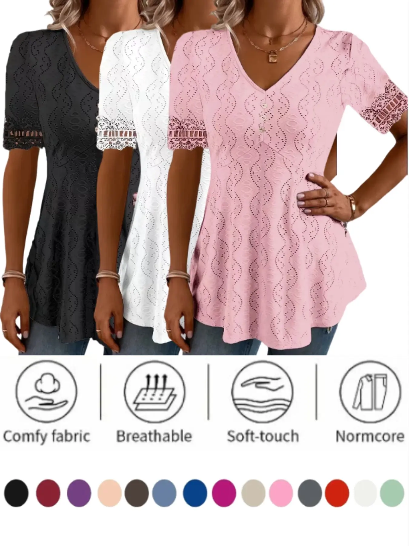 2026 New Summer Women's V Neck Embroidered Lace Hollow Out Waist Top, Short Sleeve T-Shirt, Casual Loose-Fitting, All Seasons