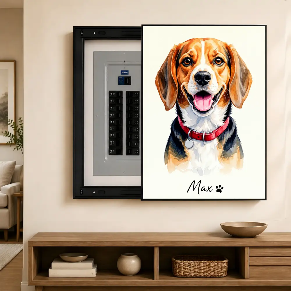 Custom Print Removable Aluminium Electrical Panel Decorative Cover - Minimalist Artwork Sliding 2-Size Wall-Mounted Breaker/Fuse Box Hide with Custom Pet Portrait, Name & Paw for Living Room Home Decor Supplies, Sliding Panels, Two Sizes