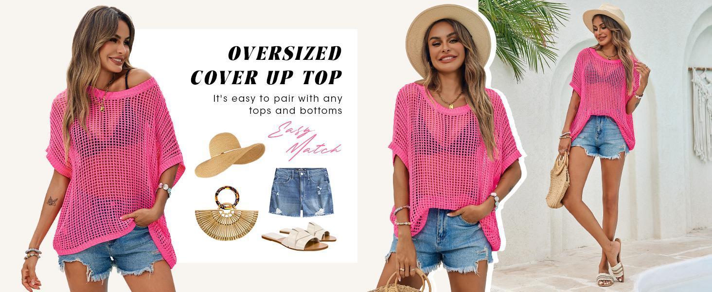 Beotyshow Womens Batwing Short Sleeve Crochet Sweater Tops Oversized Boat Neck Boho Knit Summer Beach Cover Ups