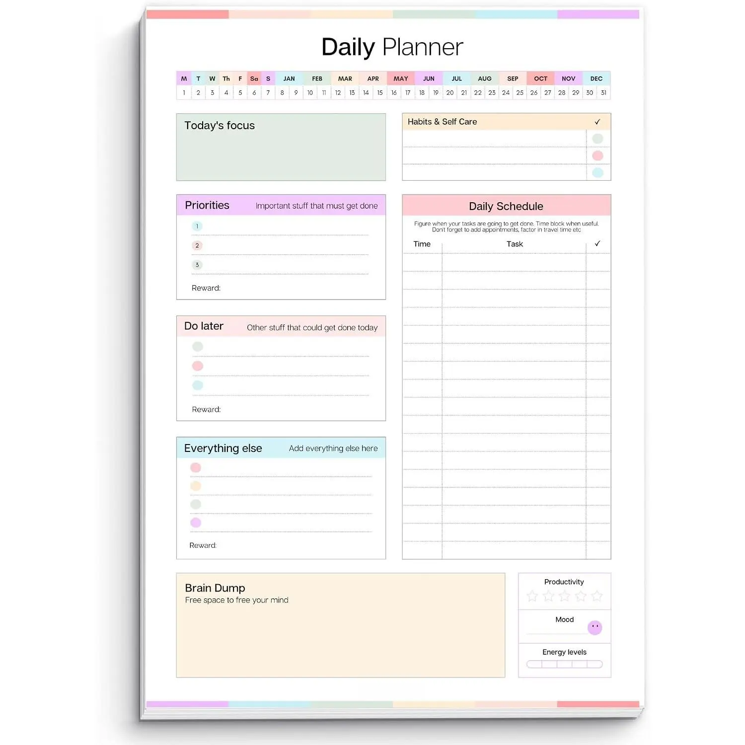 Daily Planner Notepad for Neurodivergent Adults - Productivity Daily Planner Desk Pad & Task Management to Stay Organized and Focused Note Pad (Rainbow, A4 Portrait)