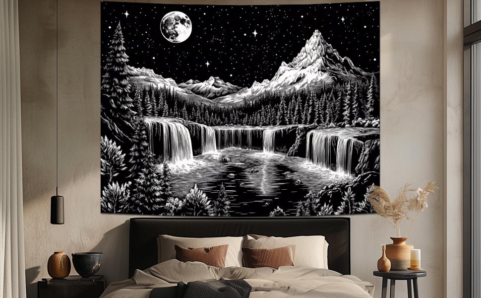 Black and White Tapestry Starry Night Mountain Tapestry Aesthetic Moon Wall Tapestry Nature Forest Tapestry Galaxy Space Tapestry Wall Hanging for Home Decor(51.2"x59.1")