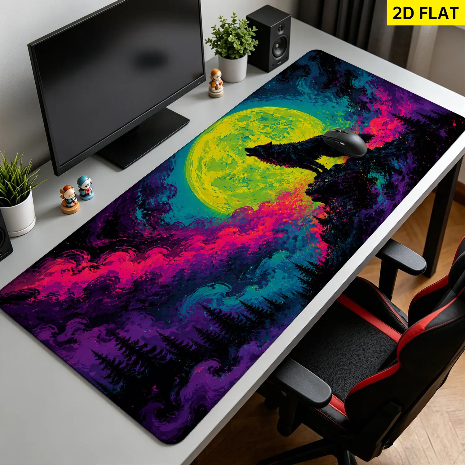 Extra Large neon wolf howling at full moon Mouse Pad,Non Slip Rubber Pad,Desktop Decoration Drotection Pad,Washable,Lock Edge Multi Size,Premium Multipurpose Mousepad For Office,Gaming Desk,Gift for Family and Friends