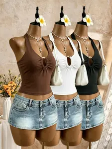 Women's Halter Tie Bow Short Tank Top Set, V-Neck Metal Ring Hollow Out Ruched Sleeveless Slim Fit Vest, Chic Aesthetic Summer Outerwear