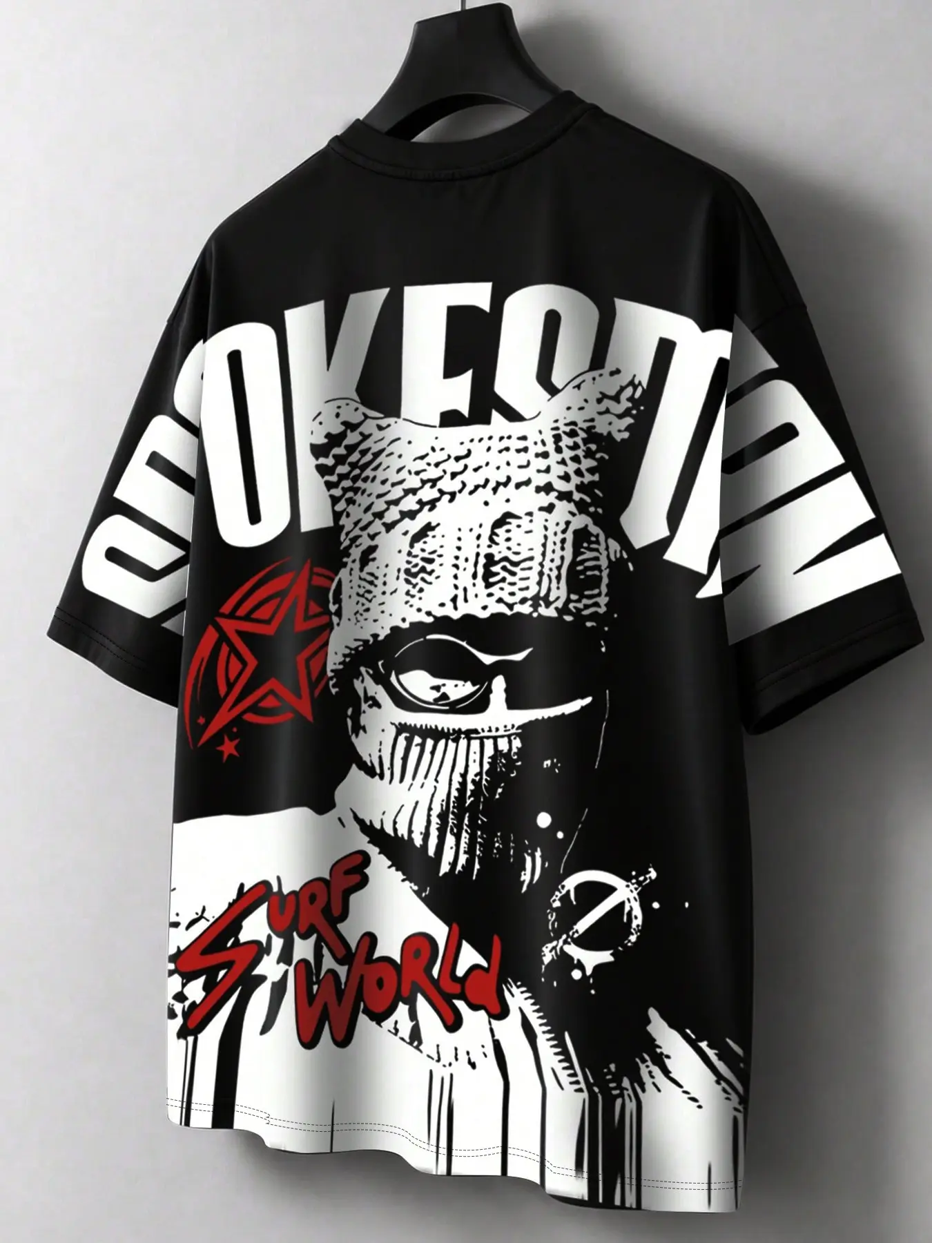 Men's Balaclava Mask & "Surf World" Print Oversized T-Shirt, Loose Fit Crew Neck Casual Tee, Retro Y2K Streetwear Tops for Summer, Campus, Casual Outings, Parties, Travel, Festivals, Weekend Wear, and Grunge Fashion