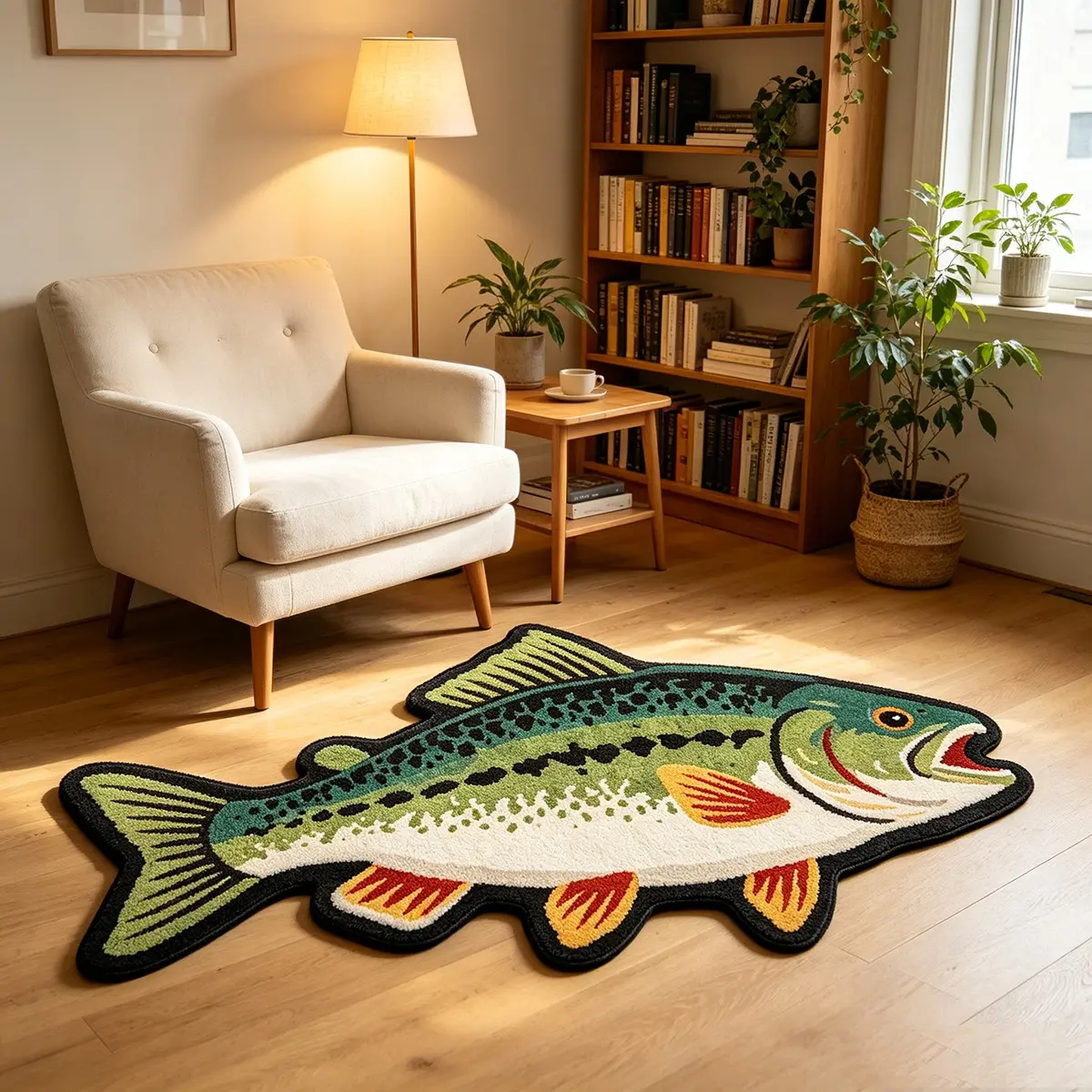 1PC American Vintage Spotted Trout Shaped Short Plush Rug, Realistic Hand-Painted Color Scale Freshwater Bass Floor Mat, Skin-Friendly Wear Resistant Fishing Style Decor Foot Mat for Living Room Bedroom Study Entryway Homestay