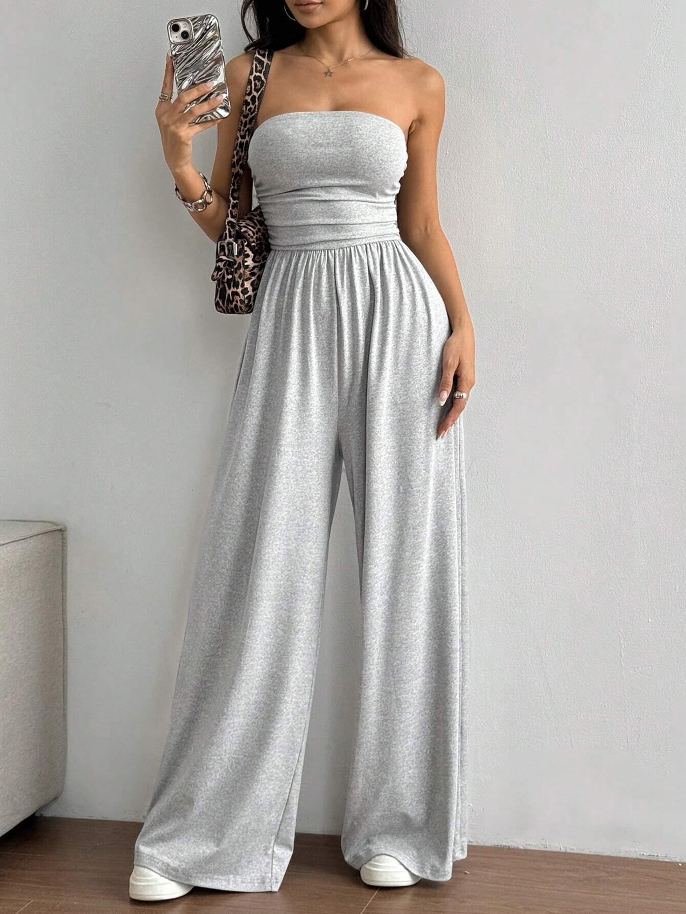 Women's Solid Color Tube Jumpsuit, Casual Fashion Jumpsuit for Daily Wear, Women's Jumpsuit for Summer, Casual Jumpsuits