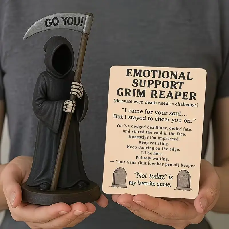 Gothic Black Robe Mysterious Statue Decor with Emotional Support Card, Resin Material, Durable Indoor & Outdoor Decoration, Ideal for Halloween Party Decor, No Electricity Needed, Fun Office Gift, Desktop Ornament, Death Theme Decor, Halloween Ornament