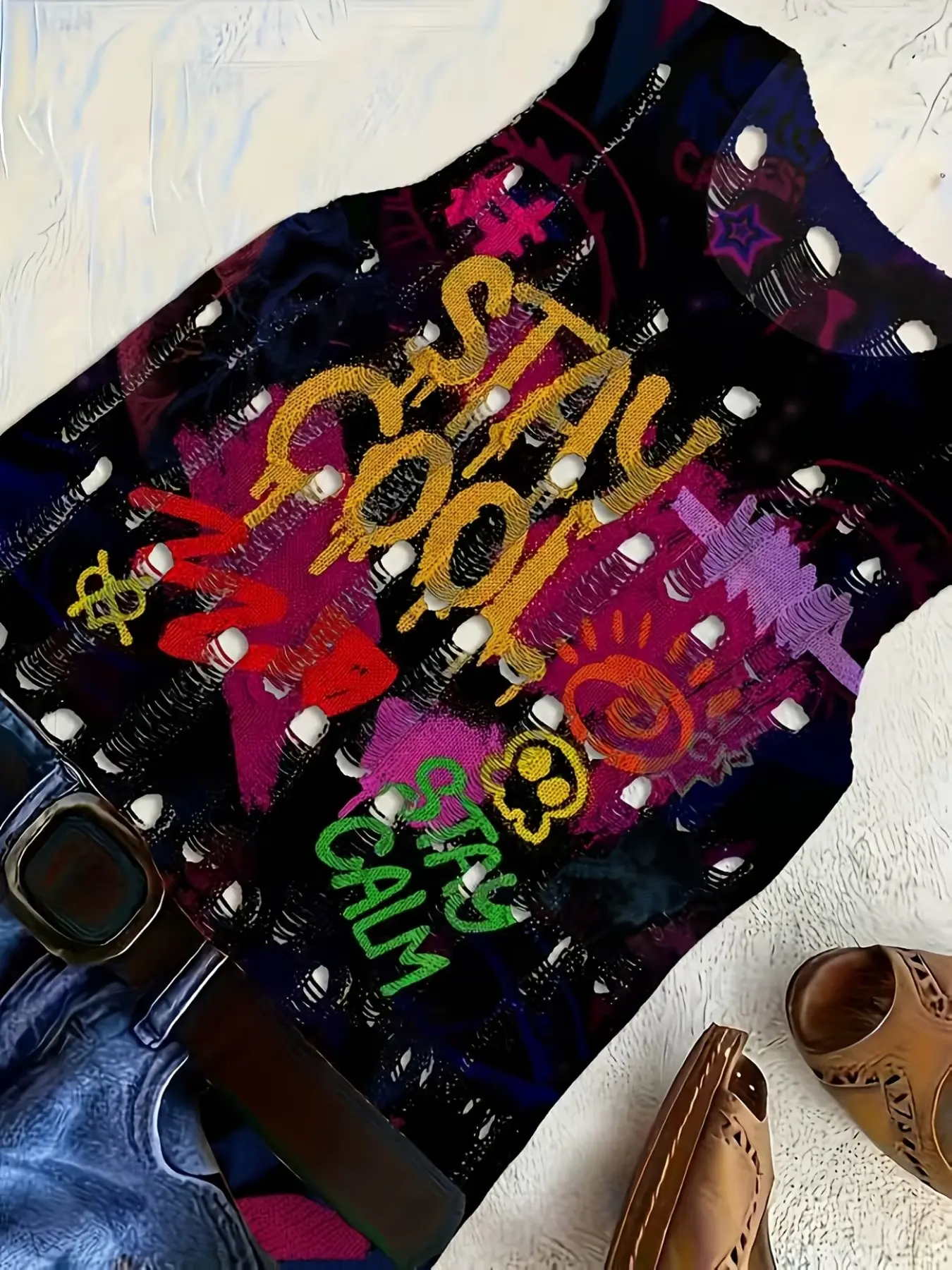 Women's Trendy Graffiti Text Pattern Knit Vest Top, Sleeveless Graphic Vest, Soft Comfortable New Arrival, All over Print Fitted Sweater, Casual Fashion, Graphic Fitted Vest, Summer Vest