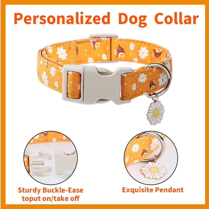 Personalized Bee & Daisy Dog Collar - Cute Orange Floral Collar with Quick Release Buckle, Adjustable & Durable for Small Medium Dogs Cats