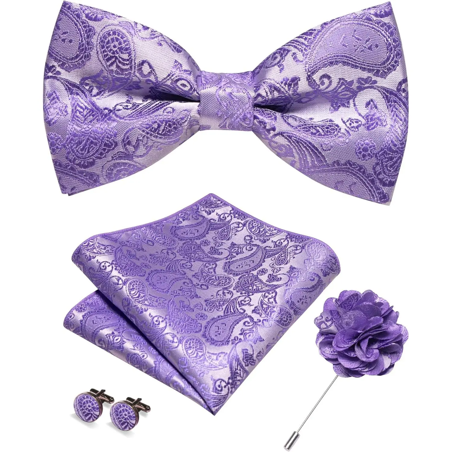 Lavender Paisley Bow Tie Pre-tied Bowtie and Pocket Square Cufflinks Lapel Pin Sets for Men