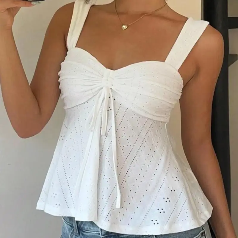 Four Seasons Cool Breathable Women's Simple Casual Drawstring Tank Top, Perfect for Vacation, Cute and Versatile Blouse