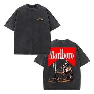 Casual Streetwear Style, Men's T-Shirt, Marlboro Logo With Cowboy And Horse Graphic Design, Vintage Inspired Western Theme, Perfect For Summer And Spring Seasons, Ideal Gift For Men Who Love Classic Americana And Retro Fashion