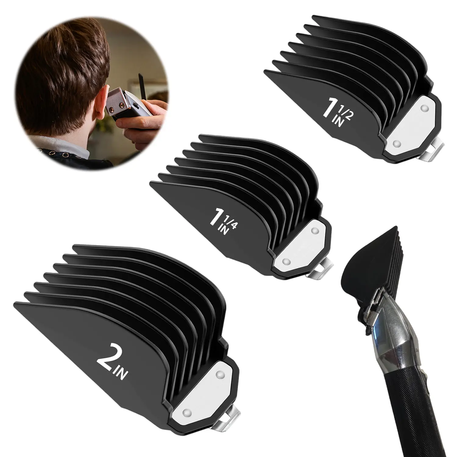 3Pcs Black Jumbo Hair Clipper Guide Combs with Metal Buckles, 1.25/1.5/2 Inch Extra Long Cutting Length Trimmer Guards, Large Replacement Clipper Attachments for Standard Full-Size Hair Clippers