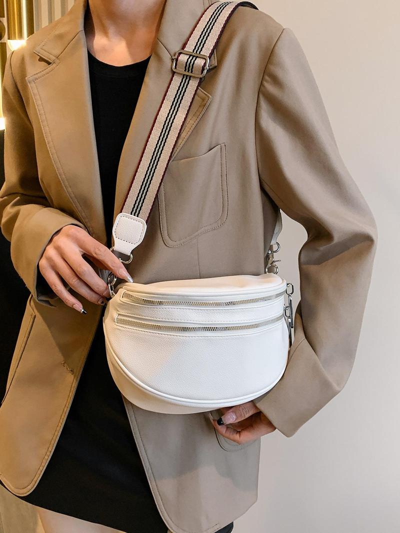 Women's Fashion Solid Color Crossbody Fanny Pack, Simple Double Zipper Chest Bag, Casual Shoulder Bag For Daily Used