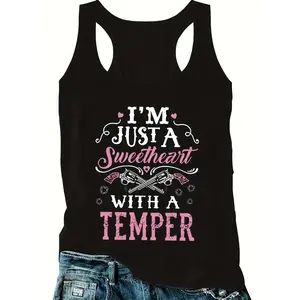 Women's Casual Letter Print Tank Top, Sleeveless Round Neck Cotton Polyester Vest with a Comfortable Fit