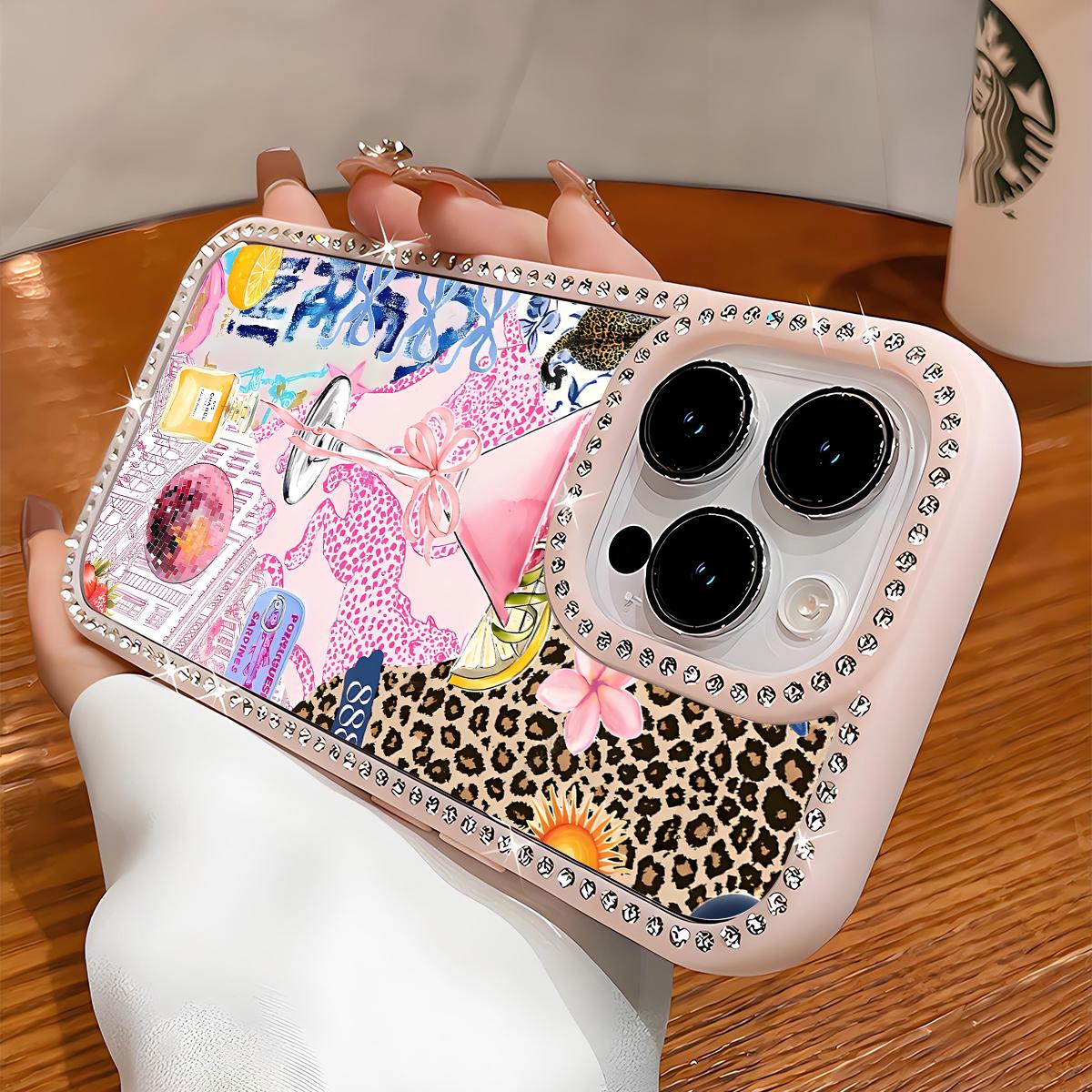 Fashion Leopard-Pattern Bling Glitter Phone Case with Sparkle Diamond , Airbag Anti-Fall Crystal Cover for iPhone 16 15 14 13 12 Pro Max Plus Girl Y2K