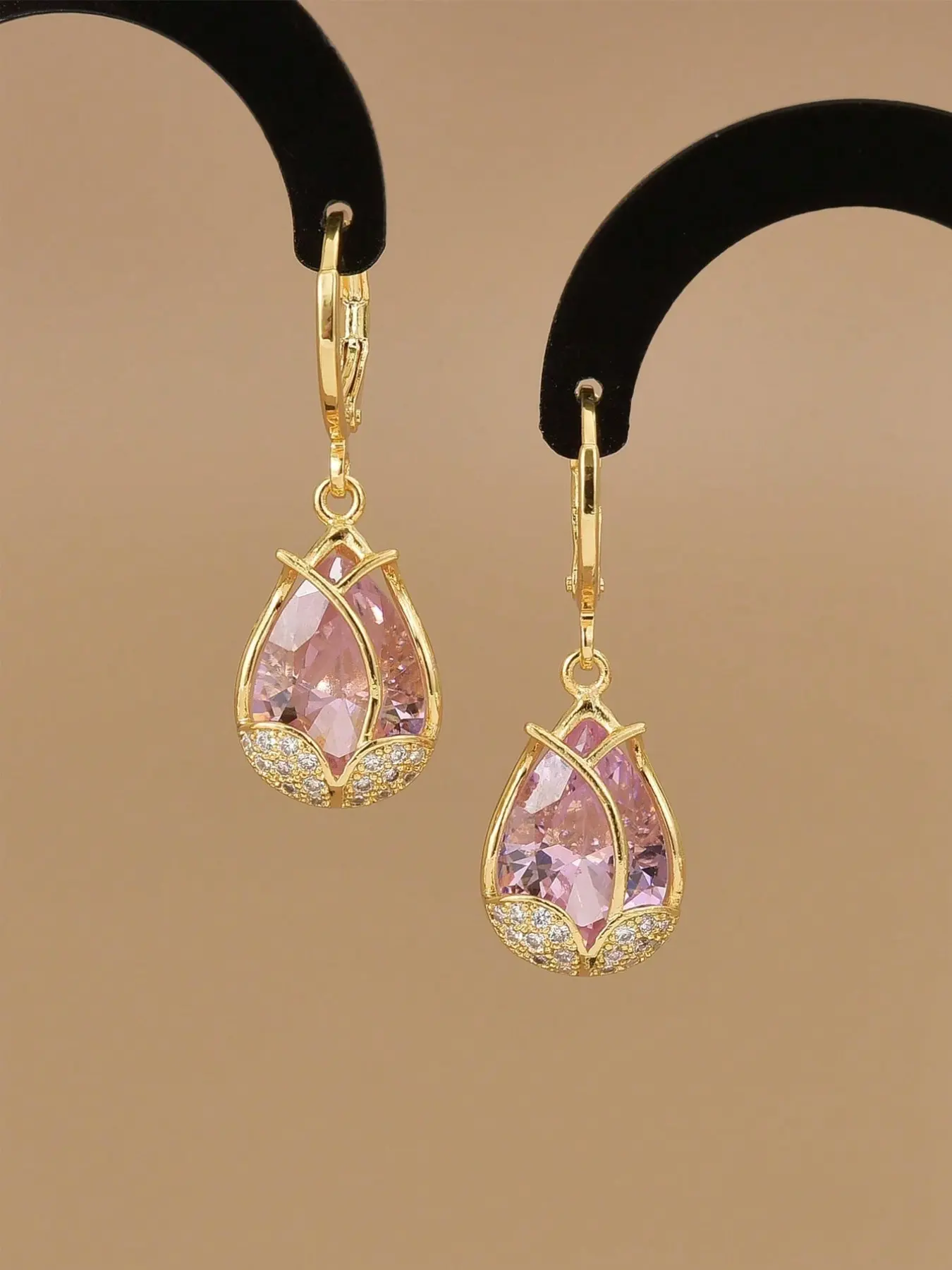 Cubic Zirconia Tulip Stainless Steel Women's Earrings, Casual Leaf Print Hook Earrings, Daily Life Jewelry, All Seasons