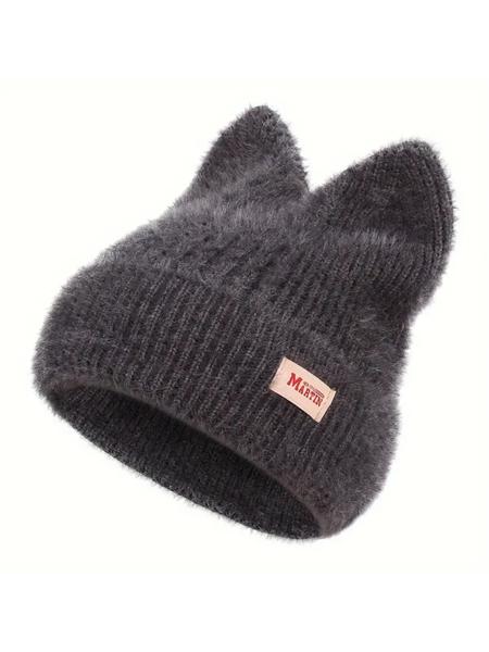 Cute Cat Ear Design Beanie Hat, Casual Solid Color Knit Hat for Fall & Winter, Warm Pullover Elastic Yarn Cap for Outdoor Activities