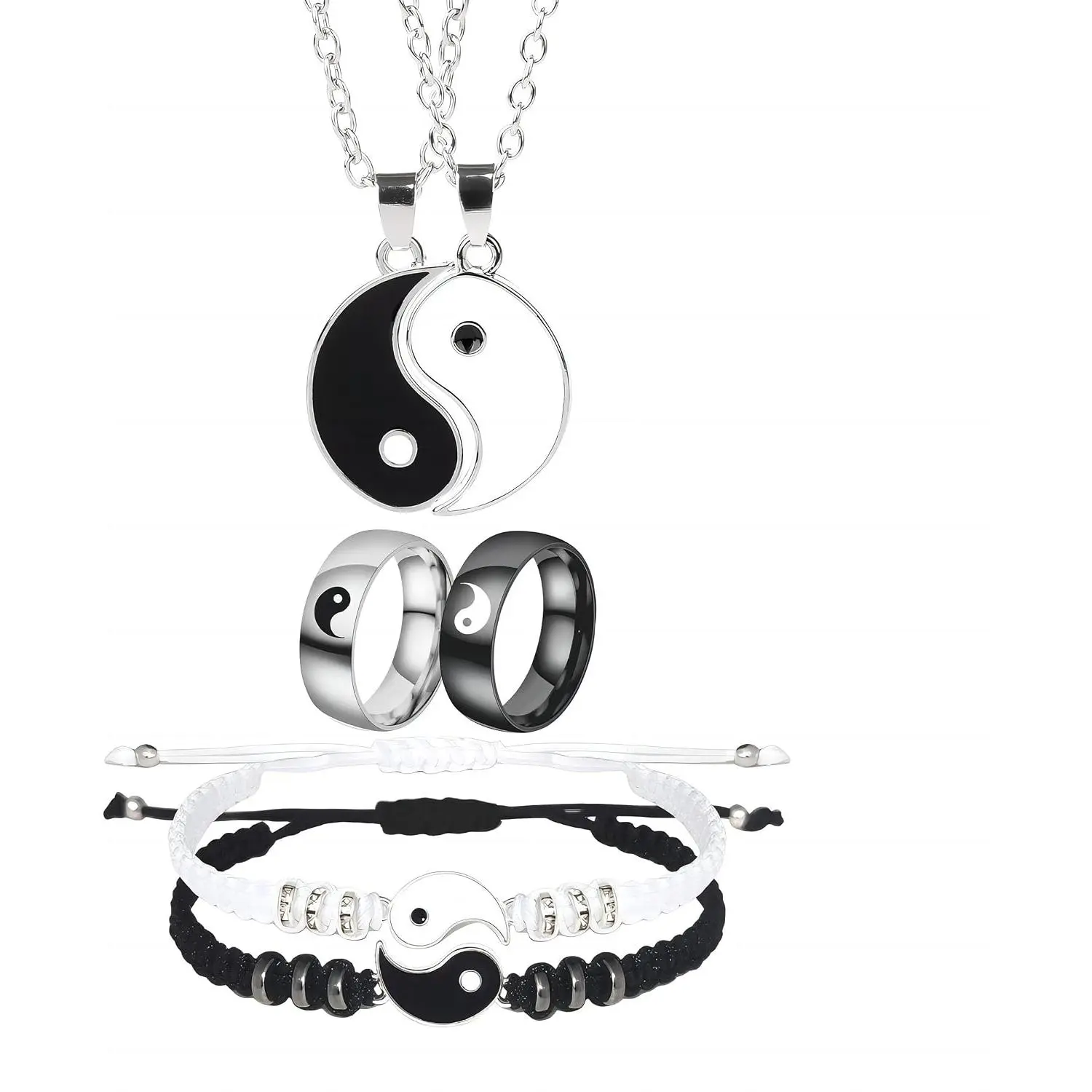 Yin Yang Necklace Set for Women Men Matching Yin Yang Bracelet Rings for Boyfriend Girlfriend Valentine's Day