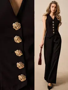 Women's Black Sleeveless Waistcoat Vest, V-Neck Fitted Suit Vest with Gold Camellia Buttons, Elegant Office Commuter Tank Top, 2026 New Fall Winter Outfit