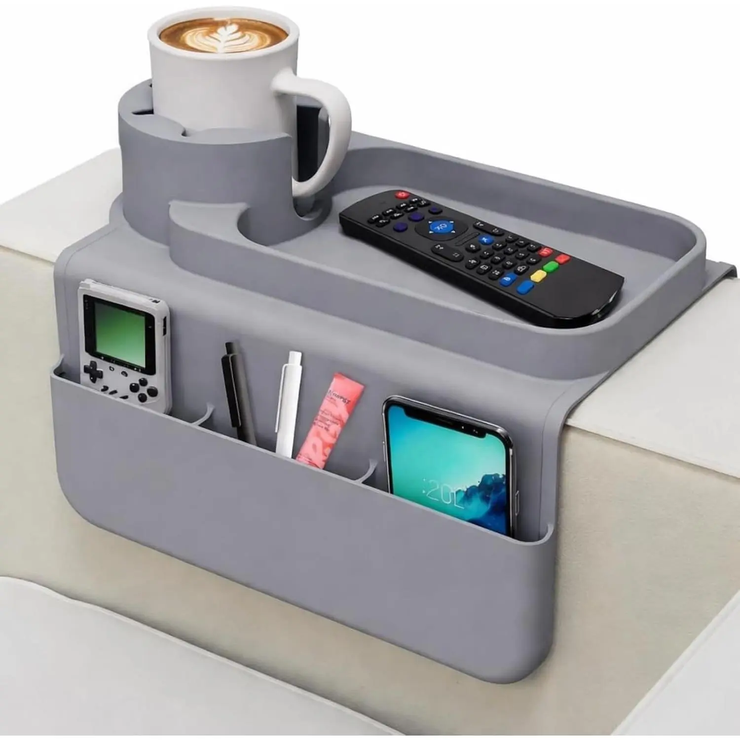 Silicone Couch Caddy Cup Holder Tray, 3-Side Sofa Armrest Organizer with Secure Gear-Shaped Locking Holder & Large Tablet Slot, Non-Slip Weighted Armchair Caddy, Couch Accessories (Grey)
