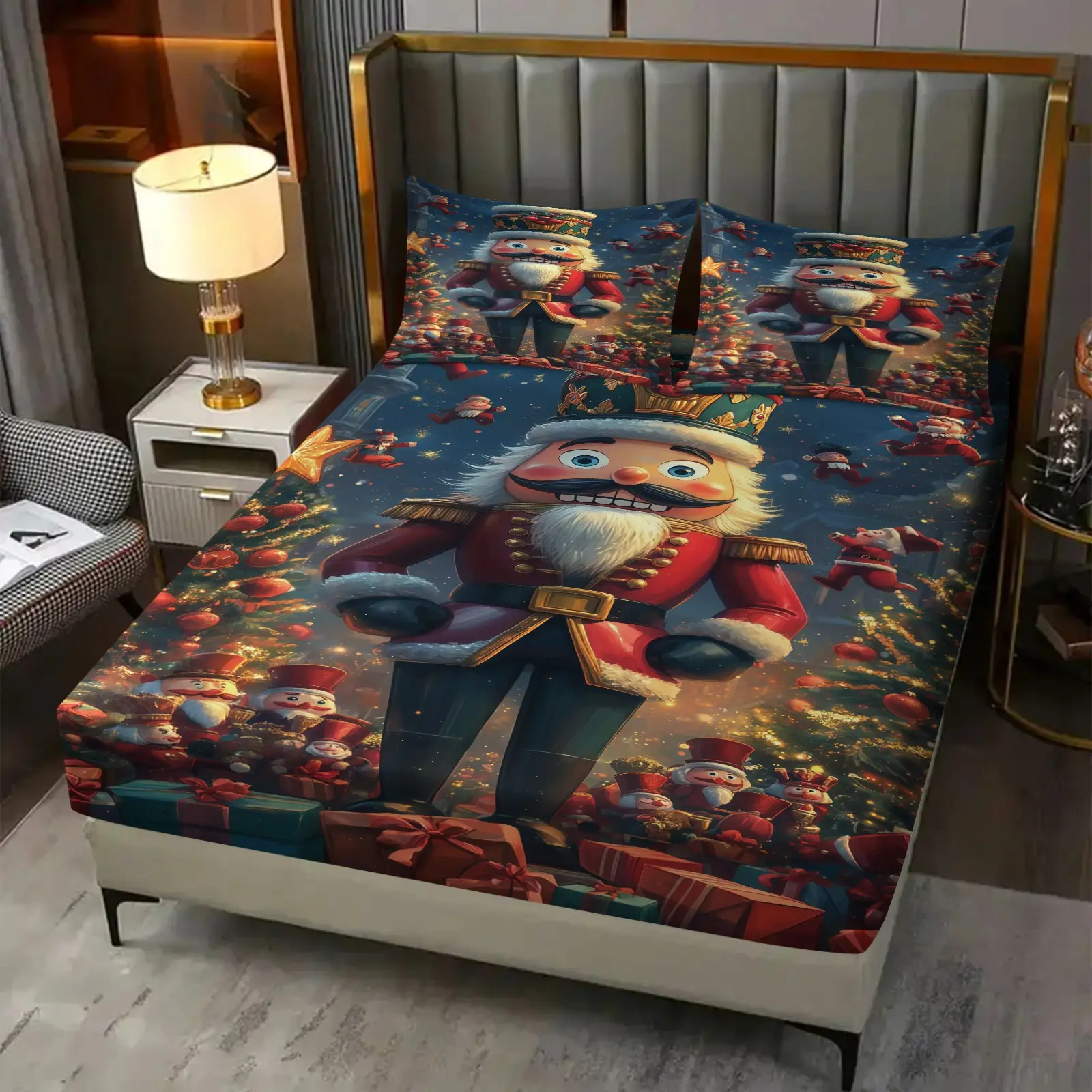 3-Piece Nutcracker Pattern Bed Sheet, Christmas Bedding Set (1 Bed Sheet+2 Pillowcases, No Pillow Core), Suitable For Teenagers And Adults, Room, Dormitory, Bedroom Decoration Bed Sheet Sets