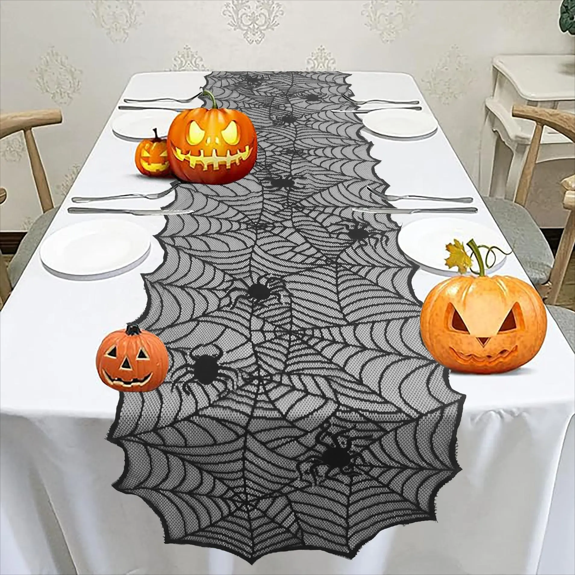 Black Spider Web Lace Table Runner 17.7" x 70.9" – Spooky Halloween Table Decor, Gothic Party Dining Cover, Haunted House Kitchen Home Centerpiece, Creepy Holiday Cloth