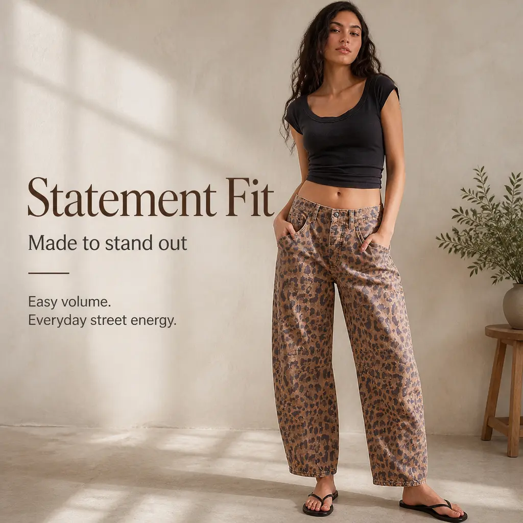 Women's Mid-Rise Leopard Print Barrel Jeans - Vintage Washed Baggy Cropped Wide Leg Denim Pants with Pockets, Y2K Retro Loose Boyfriend Trousers for Streetwear Basic Womenswear