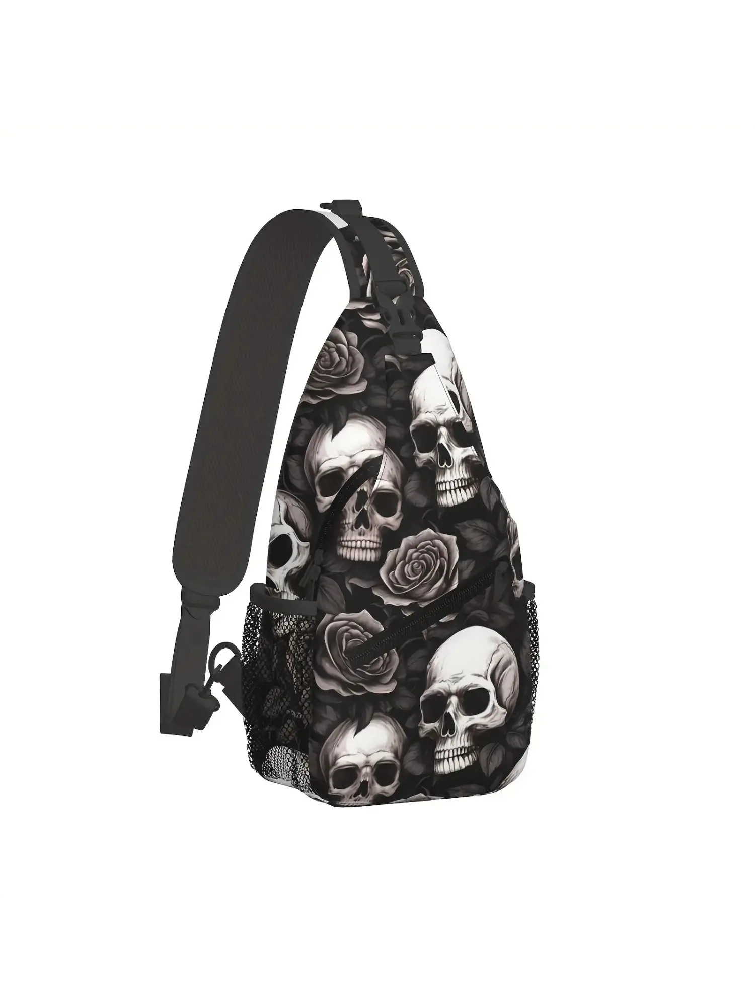 Mens Crossbody Chest Bag Designed for Hiking,Skull And White Roses Shoulder Bag Folding Large Capacity Fashion Durable Can Be Used For Shopping, Work, Leisure Travel Beach Bag Fishing Backpack