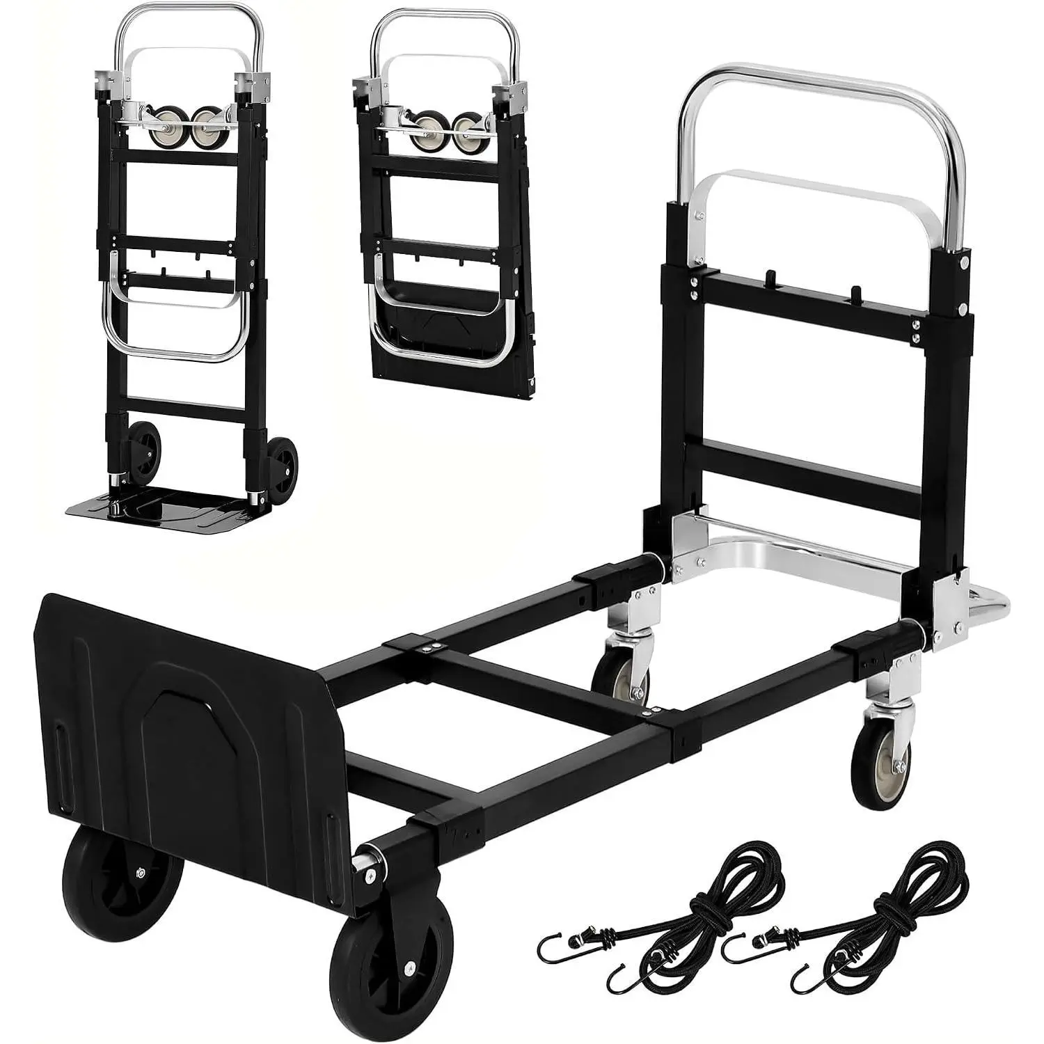 Gaomon Heavy Duty 2-in-1 Convertible Hand Truck - 660lb Capacity Folding Mode Carbon Steel Dolly with Elastic Straps, Puncture Proof Platform Cart for Home, Warehouse, Industrial
