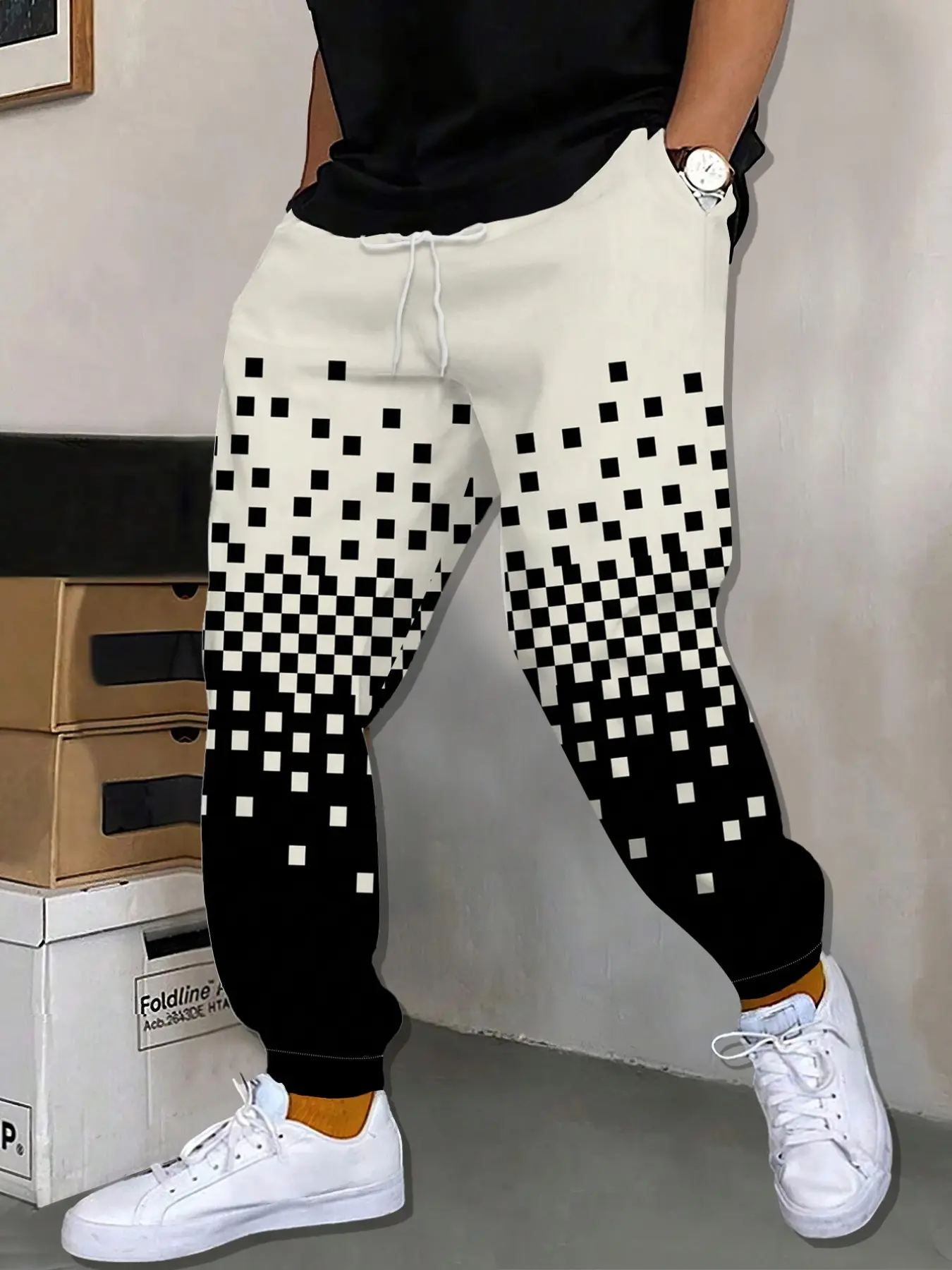 Gradient Checkered Sweatpants, Loose-Fitting All over Print, Casual Fall Pants, Drawstring Waist, Trendy Men's Sportswear