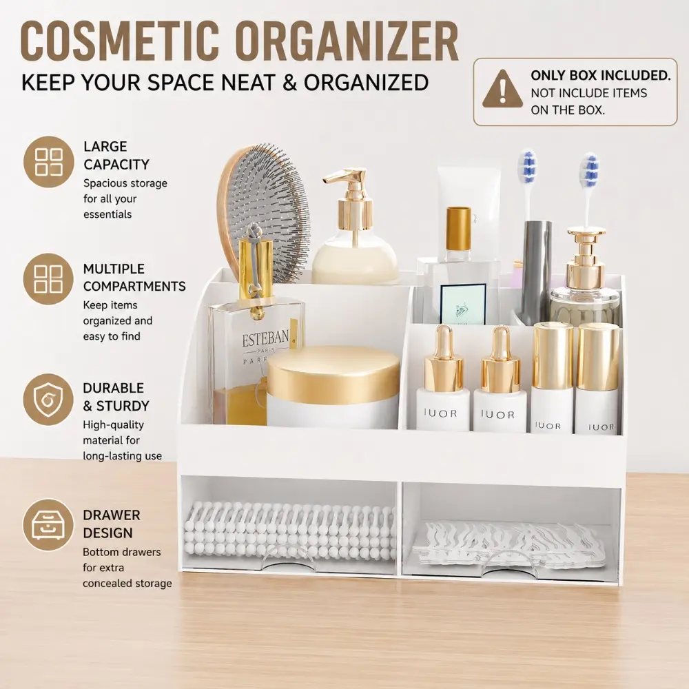 Multifunctional desktop storage box with six compartments and drawers, an ideal organizer for bathroom toiletries. Perfect for sorting toothpaste, toothbrushes, skin care products and cosmetics to save space and avoid clutter.