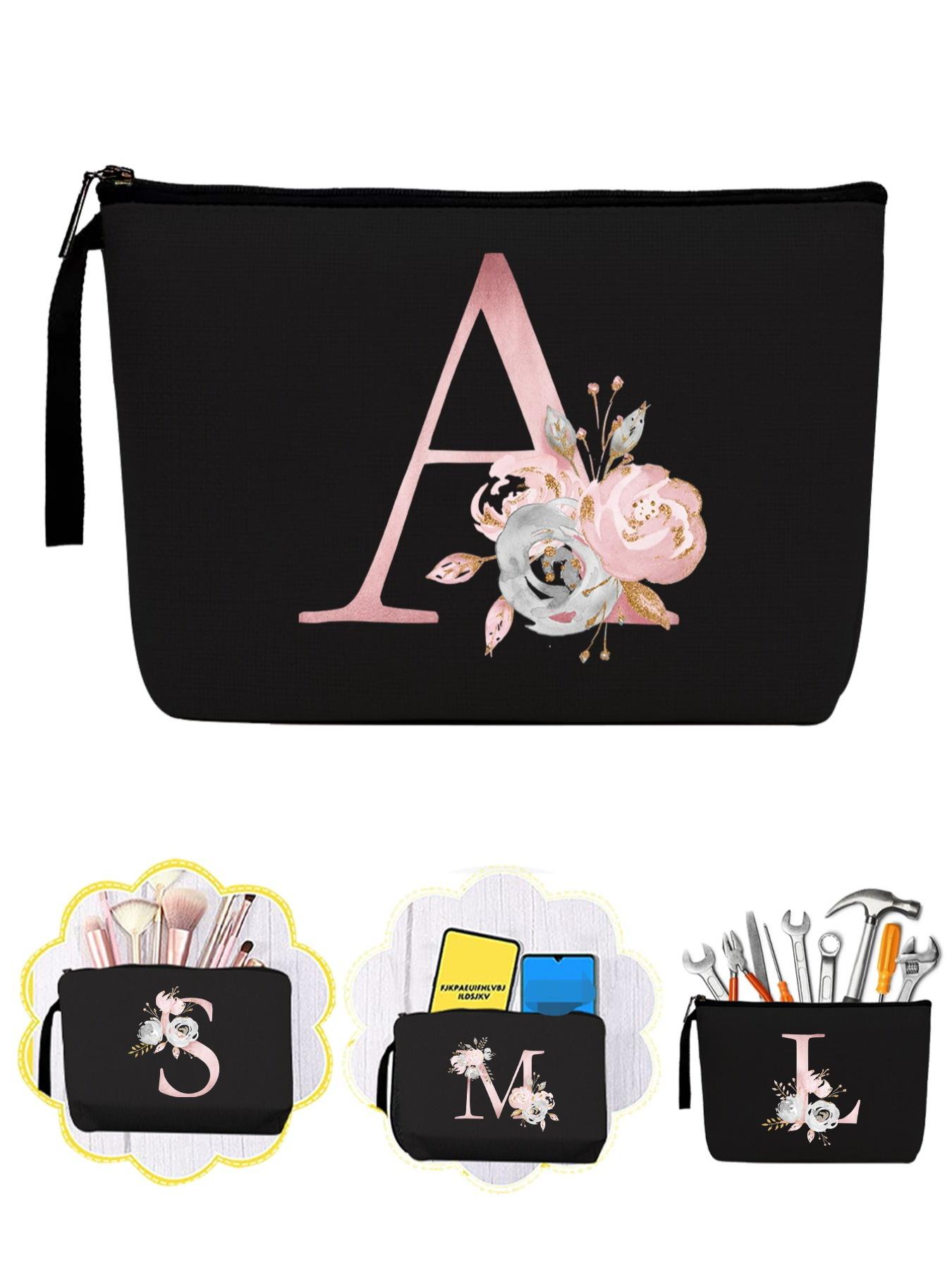 Floral Pattern Portable Makeup Bag, Initial Letter Print Cosmetic Bag, Canvas Cosmetic Organizer Pouch, Makeup Bag for Travel, Travel Essentials, Makeup Storage Bag