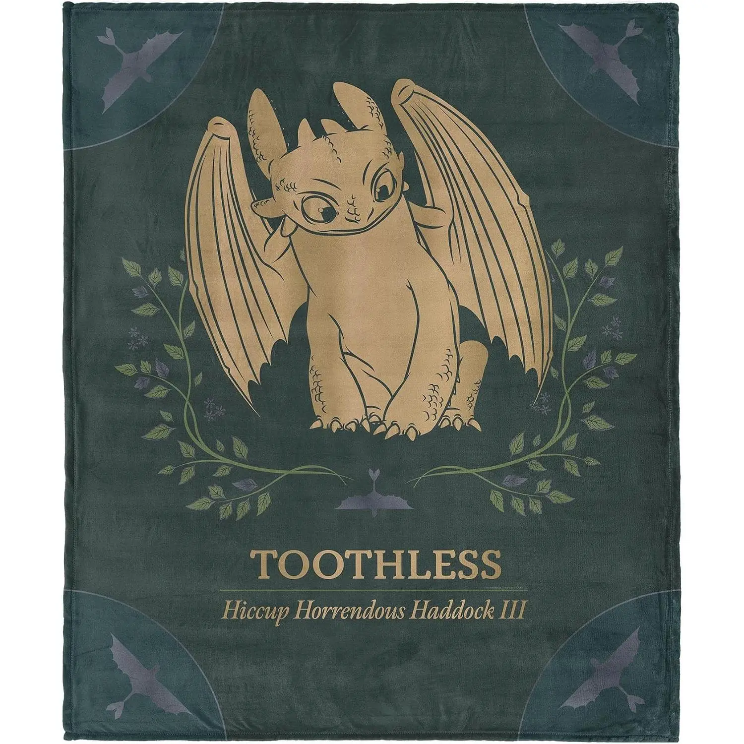 How To Train Your Dragon Toothless Flannel Blanket - Dark Forest Green Retro Botanical Design, Golden Night Fury Print, Soft Warm Fading-Resistance Multi-Size Throw for Cartoon Fans’ Indoor Decor & Gifts