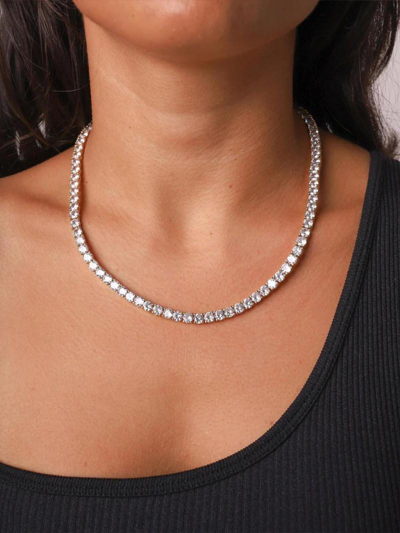 Rhinestone Decorated Tennis Chain Necklace, Hip Hop Necklace for Party, Daily Clothing Decor, Trendy All-match & Exquisite Jewelry for Birthday Gift, Cuban Link Chain