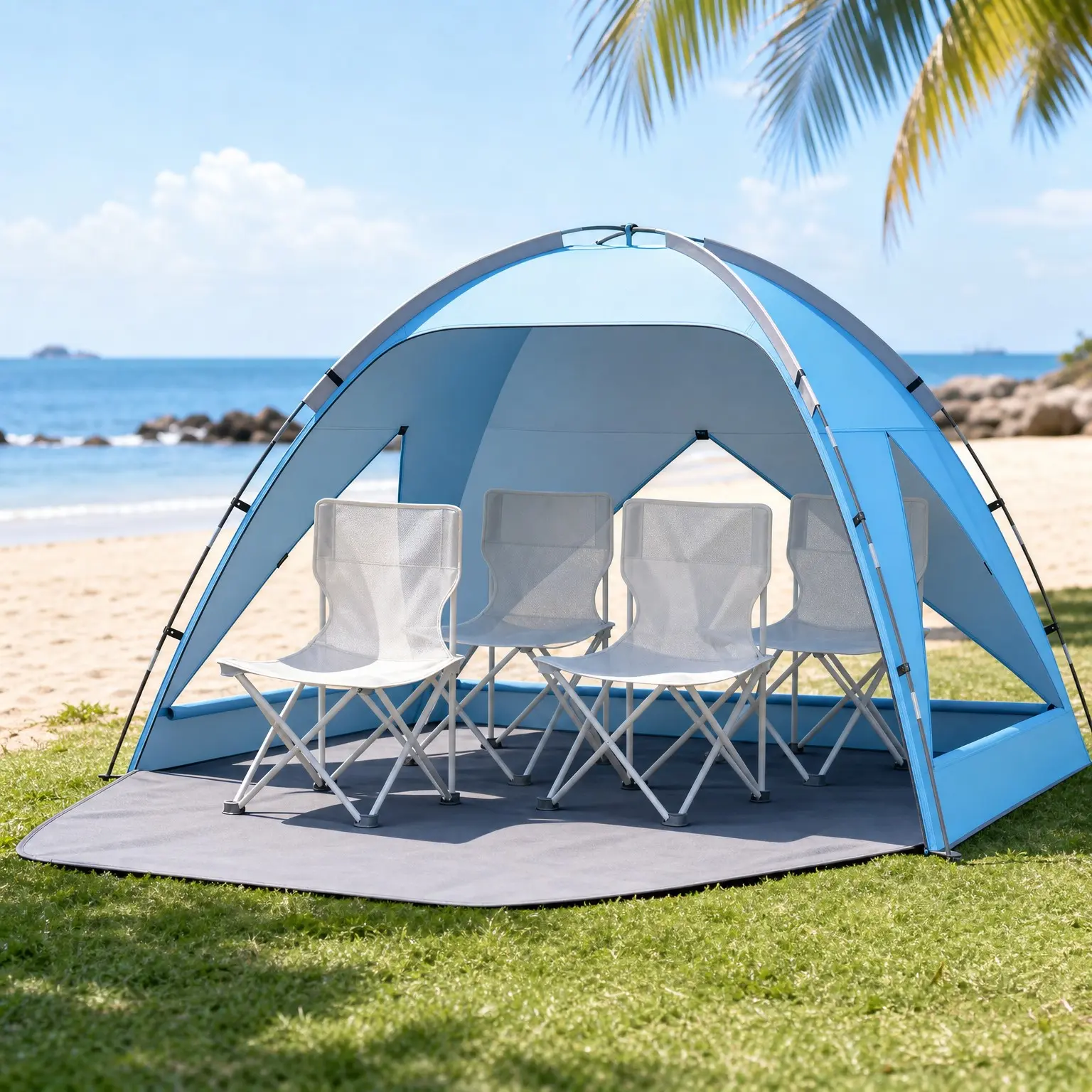 Portable Beach Tent Sun Shelter for 3-4 People, Large Sun Shade with UPF 50+ UV Protection, Extendable Floor for Privacy, 3 Ventilated Mesh Windows, Carrying Bag, 95"x65"x55", Sky BlueGift