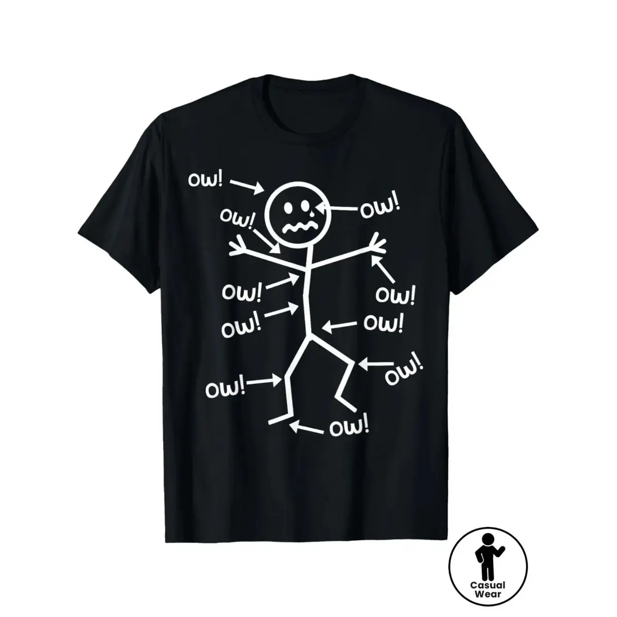 Funny Ow!Sore Body Stick Figure Meme T‑Shirt, Relatable Ache Humor Unisex Tee