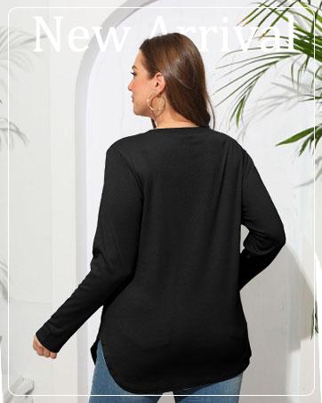 Wiholl Womens Long Sleeve Round Neck Shirts Side Split Basic Loose Tunic Tops Casual 2025 Crewneck Womenswear SpringStatements