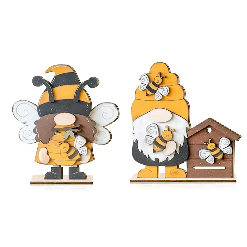 2 Pieces Bee Gnome Wooden Table Decor, Honey Bee Gnomes Tiered Tray Decorations, Spring Summer Farmhouse Bee Day Tabletop Centerpieces Signs for Home Kitchen Shelf Party Holiday Decoration
