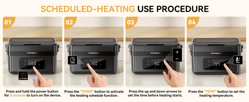 Yofidra Stylish Cordless Portable Electric Heated Lunch Box 1.5L-6 Cups Self-Heating with 10000mAh Battery Timer & Temp Control Food Warmer for Adults Office Outdoor Black Tableware Meal Prep Containers Stainless Steel Bento Square