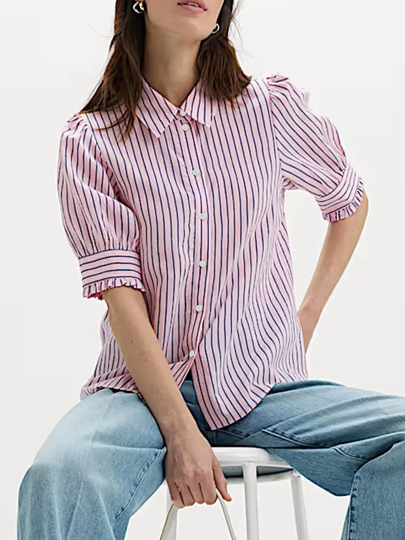 Women's Loose Straight Leg Striped Short Sleeve Shirt Blouse Tops, Wood Earlee Sleeves Design, Versatile Clothing for Travel/commute