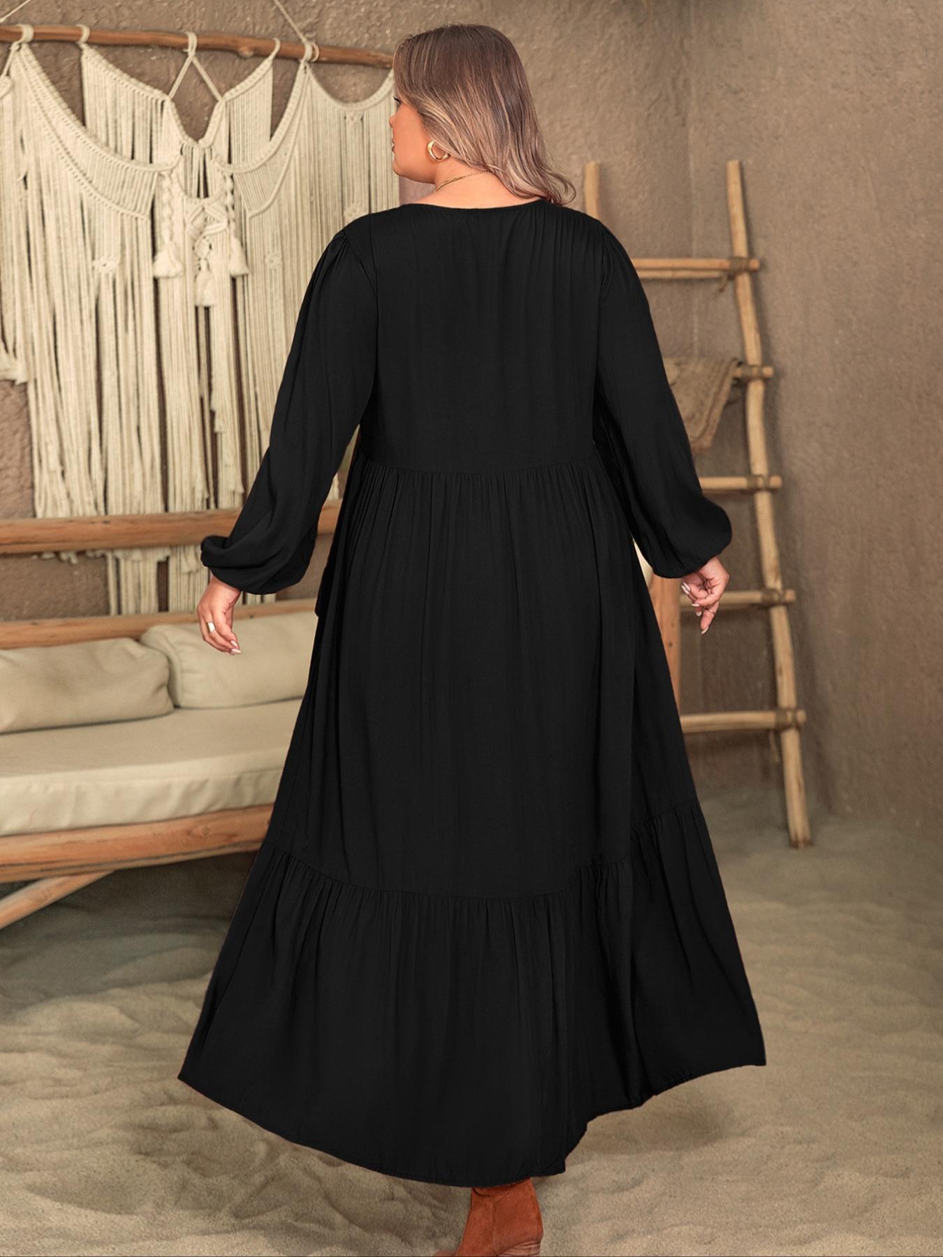 Plus Size Plain Woven Lantern Sleeve Tiered Ruffle Trim Smock Dress, Womenswear Elegant Style Aesthetic V Neck Long Sleeve Dress for Vacation Party Wedding Guest, Women's Clothes for All Seasons