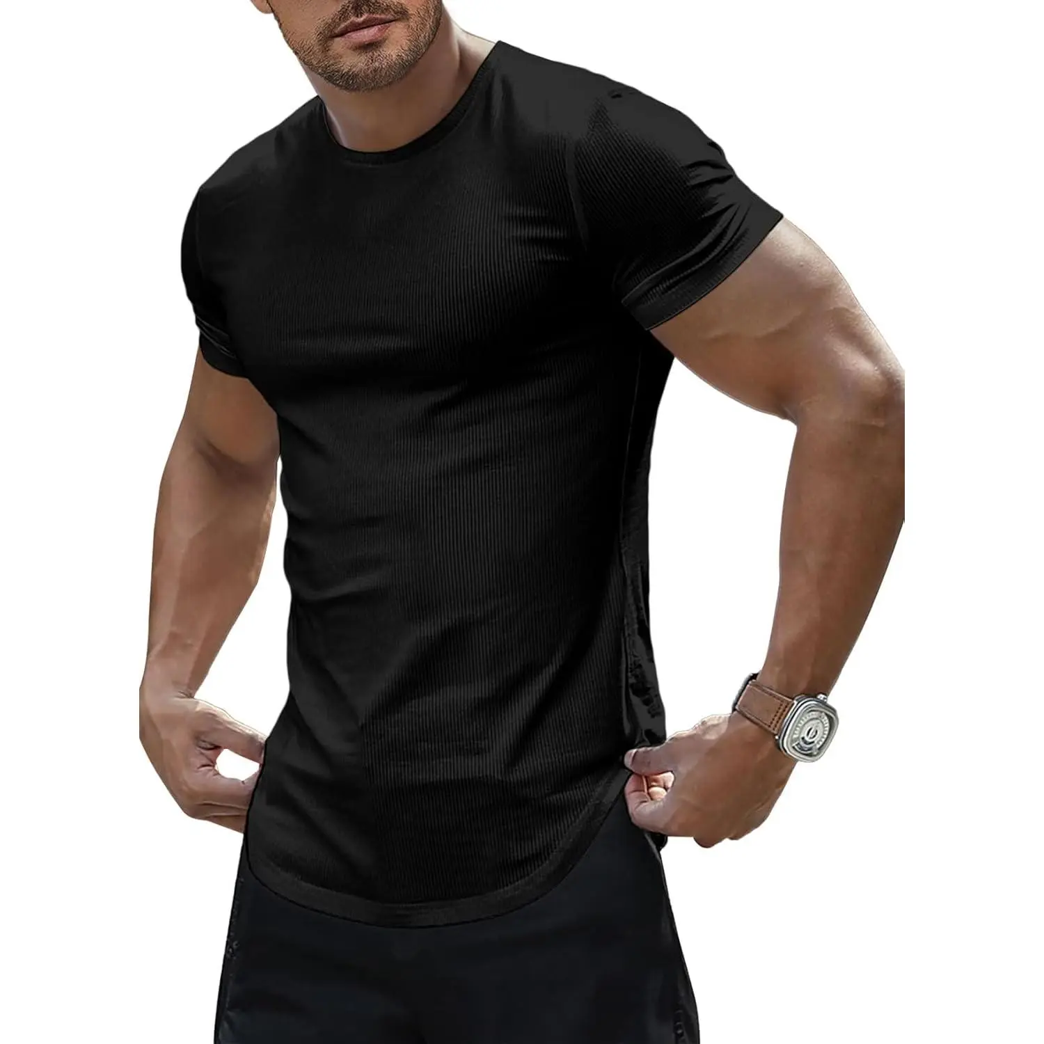 JMIERR Mens Short Sleeve T Shirt Summer Muscle Slim Fitted Crewneck Longline Tees Shirts for Gym Workout