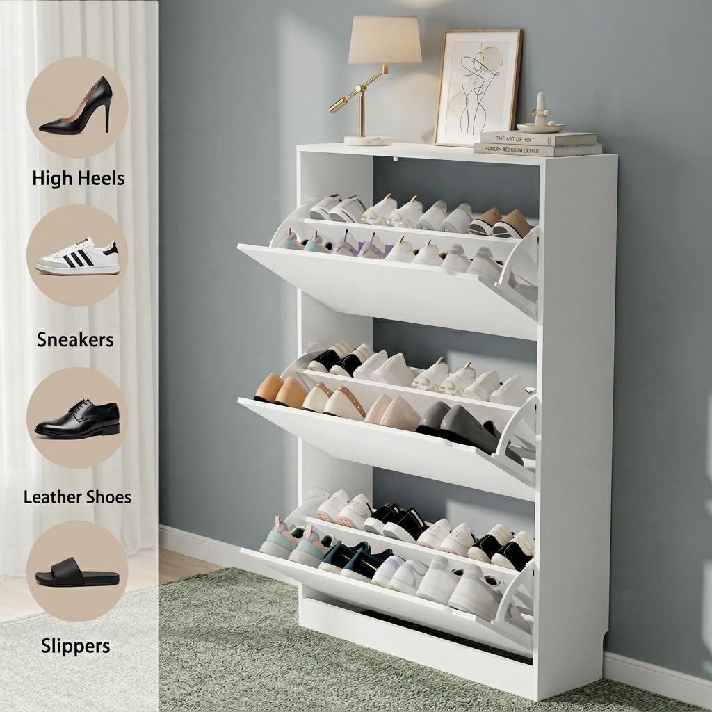 Narrow Hidden Shoe Storage Cabinet with 3 Flip Drawers, Modern Large Capacity Shoe Organizer, Perfect for Hallway, Small Apartment, Entryway, Space-Saving Freestanding Shoe Cabinet