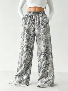 American Camo Tree Branch Print Wide Leg Sweatpants, Y2K Elastic Waist Loose Streetwear Long Pants, Soft Lightweight Women's Bottoms