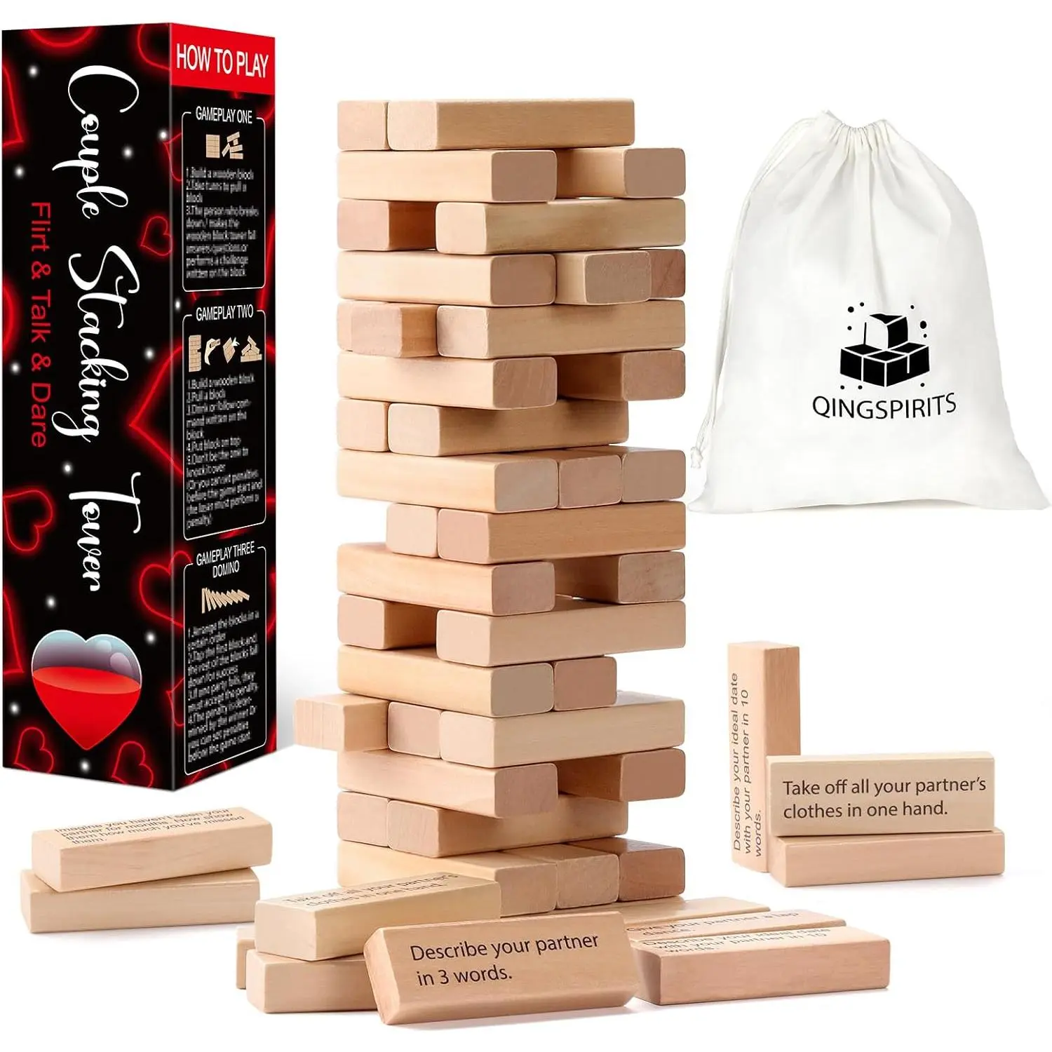 54-Piece Tumble Tower Game Set for Adults Only, Stacked Wooden Block Miniature Tabletop & Playful Party Set, Romantic Valentine’s/Anniversary Date Night Talking Challenge Gift (17+), Wooden Blocks