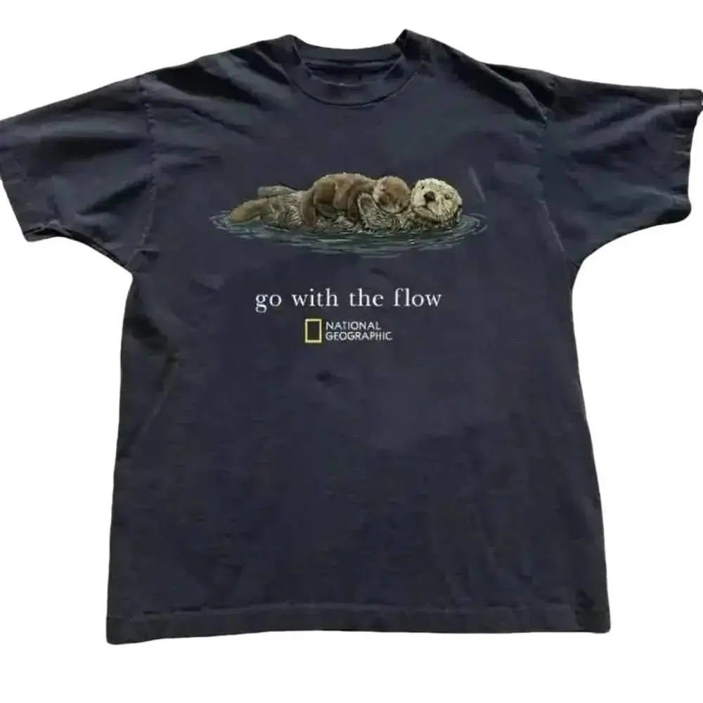 "Go With The Flow" Otter Graphic T-Shirt, Unisex Vintage Style Short Sleeve Streetwear Top, Casual Round Neck Soft Tee for Animal Lovers, Tops, Shortsleeve, Women's Clothes, Clothes For Women, Trending Clothes