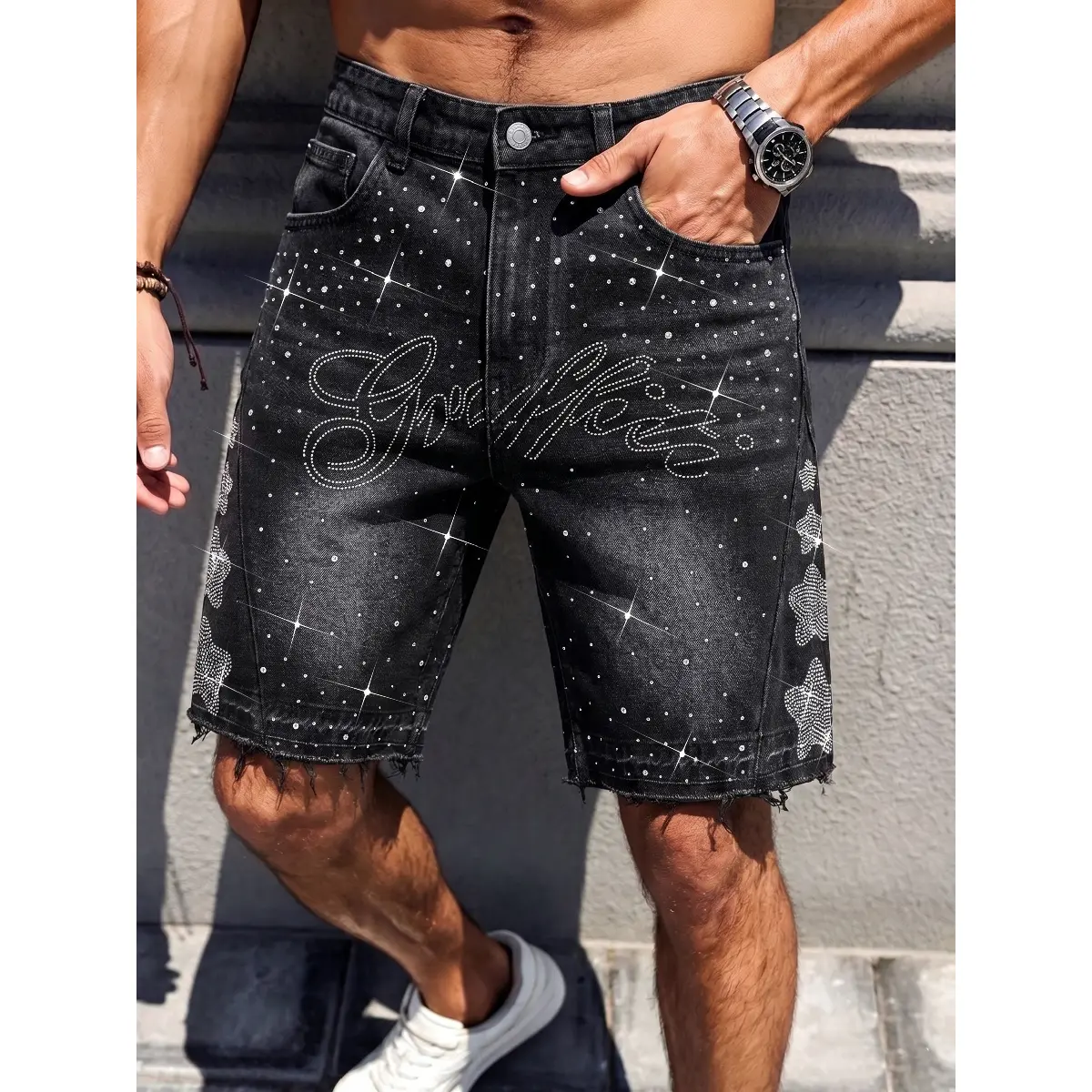 Men's Black Denim Shorts With Rhinestone Studs, Sparkle Letter Graphic Detail, Streetwear Style Casual Jean Shorts, Slim Fit Summer Shorts With Raw Hem, Trendy Y2K Fashion Shorts For Daily Wear, Party And Festival Outfit