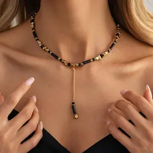 Main Character Energy Gold Black Beaded Lariat Necklace Geometric Choker Y2K Baddie Aesthetic Sleek Drop Pendant Night Out Streetwear Gift For Her Party Wear