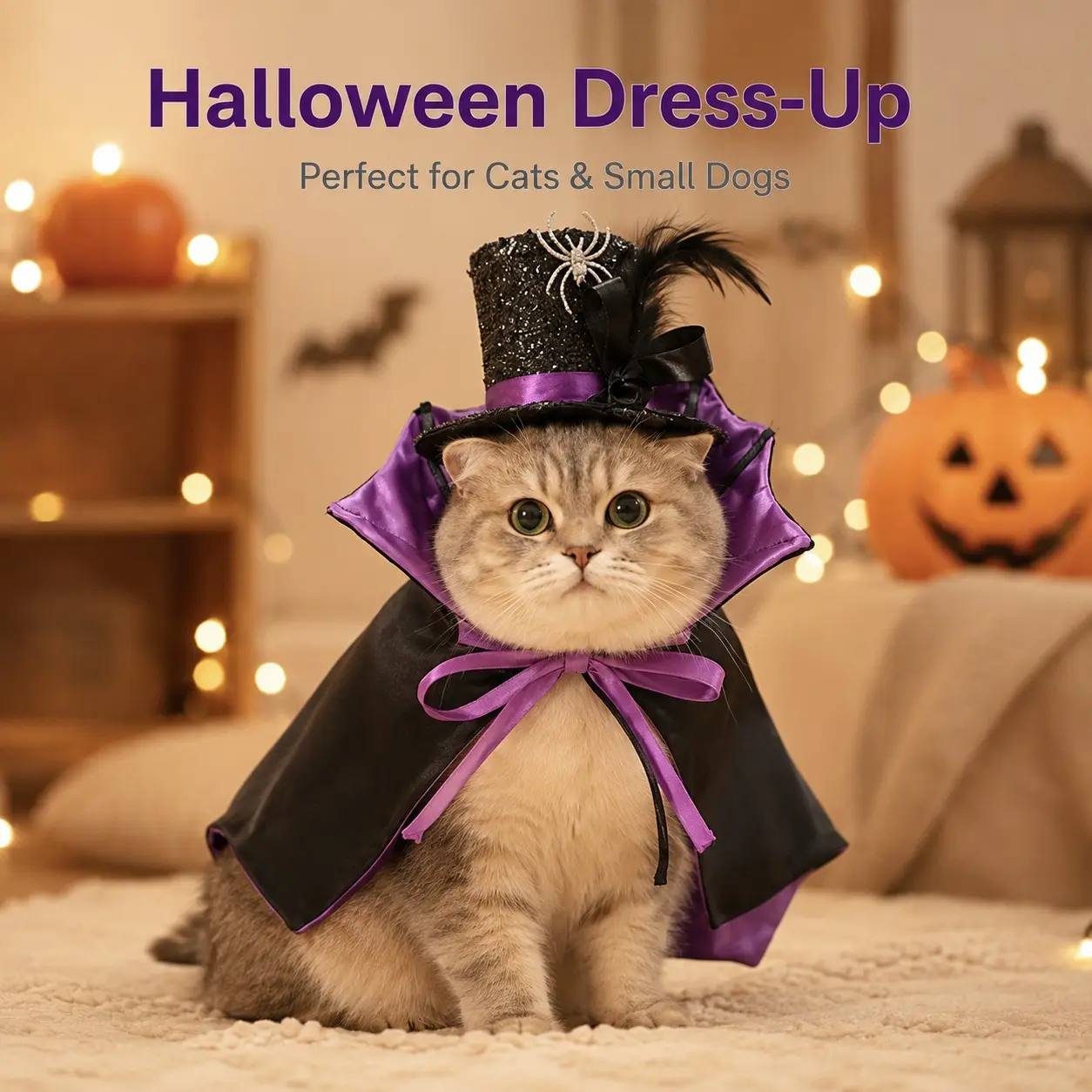 Halloween Pet Cape Hat Set, Vampire Costume for Cats and Dogs, Adjustable Comfortable Lightweight Pet Clothing, Collar Cape Mini Hat